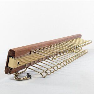 Vintage wood and brass tie rack, 36 peg belt holder, wall hanging jewelry